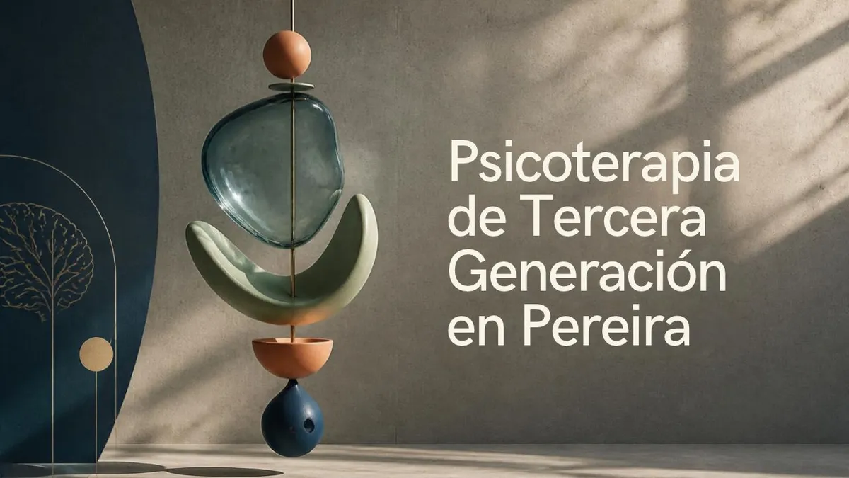 Composición conceptual minimalista sobre psicoterapia de tercera generación en Medellín, con diseño editorial sobre salud mental y tipografía del título del artículo.