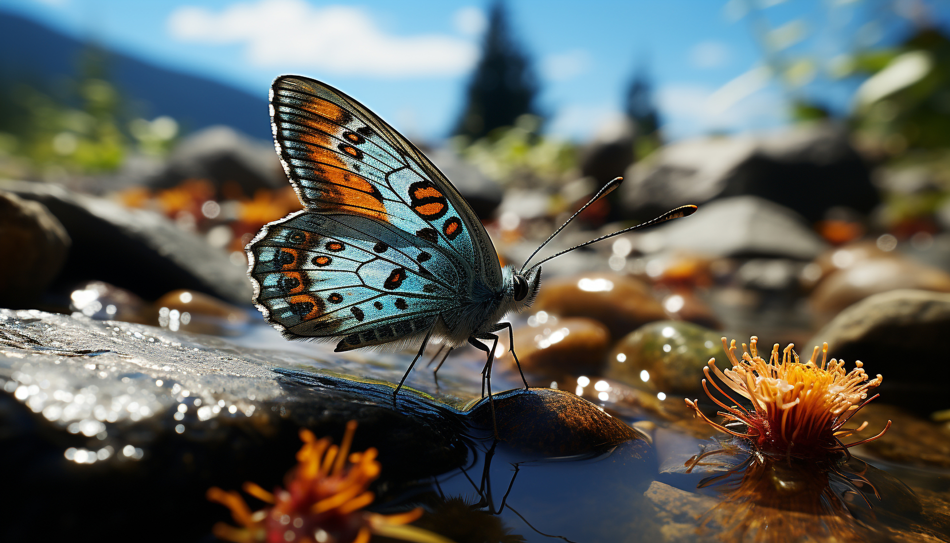 Butterfly drinking from a shallow garden water station surrounded by smooth stones in a pollinator-friendly garden.