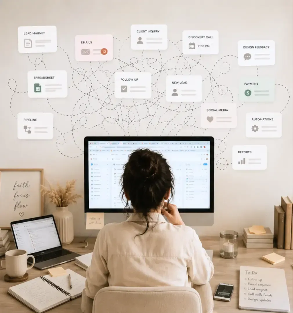 Service-based solopreneur managing scattered leads, manual follow-ups, and disconnected business systems across multiple tools.