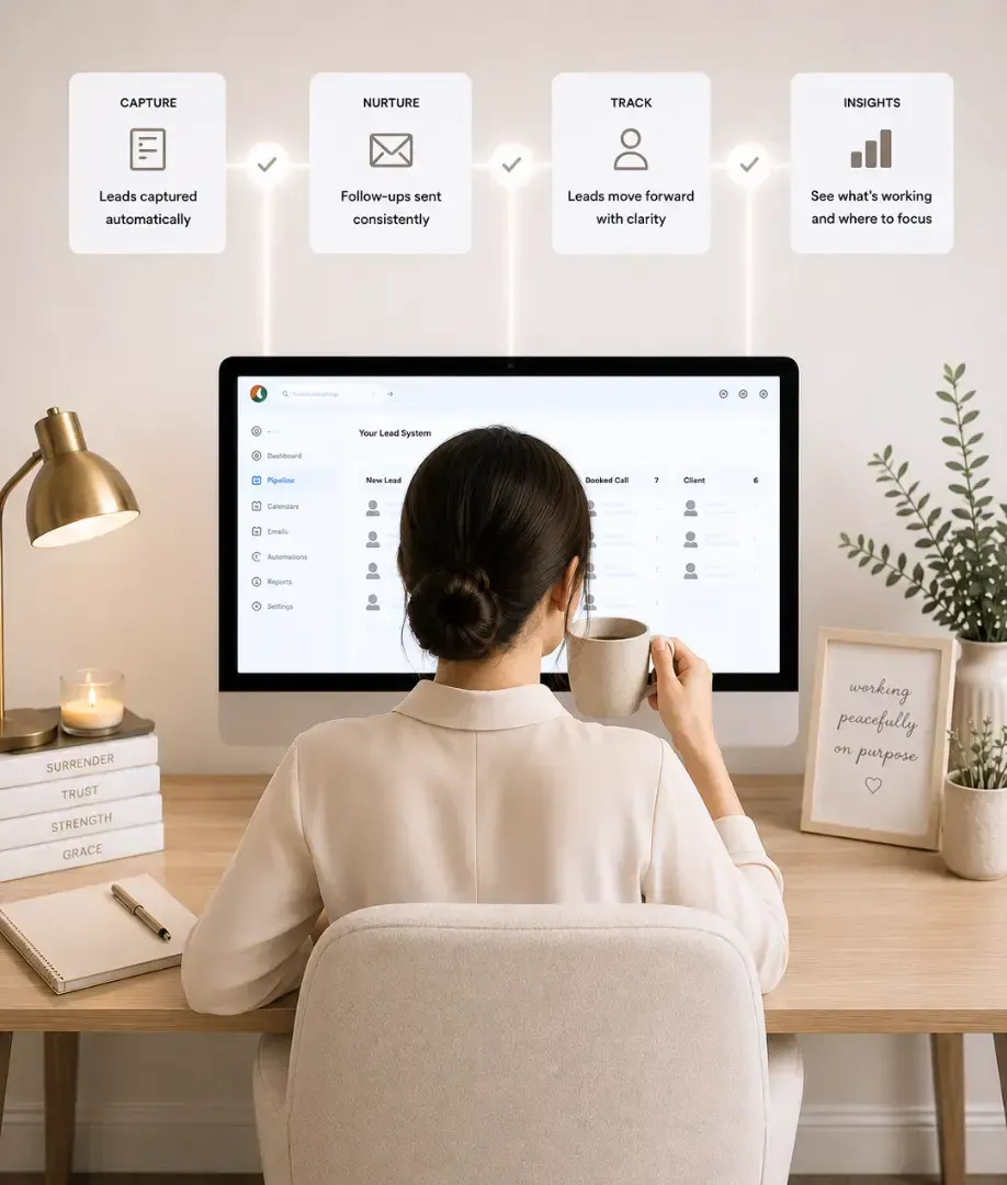 Service-based solopreneur using a simplified lead management system to capture, nurture, track, and convert leads through automation.