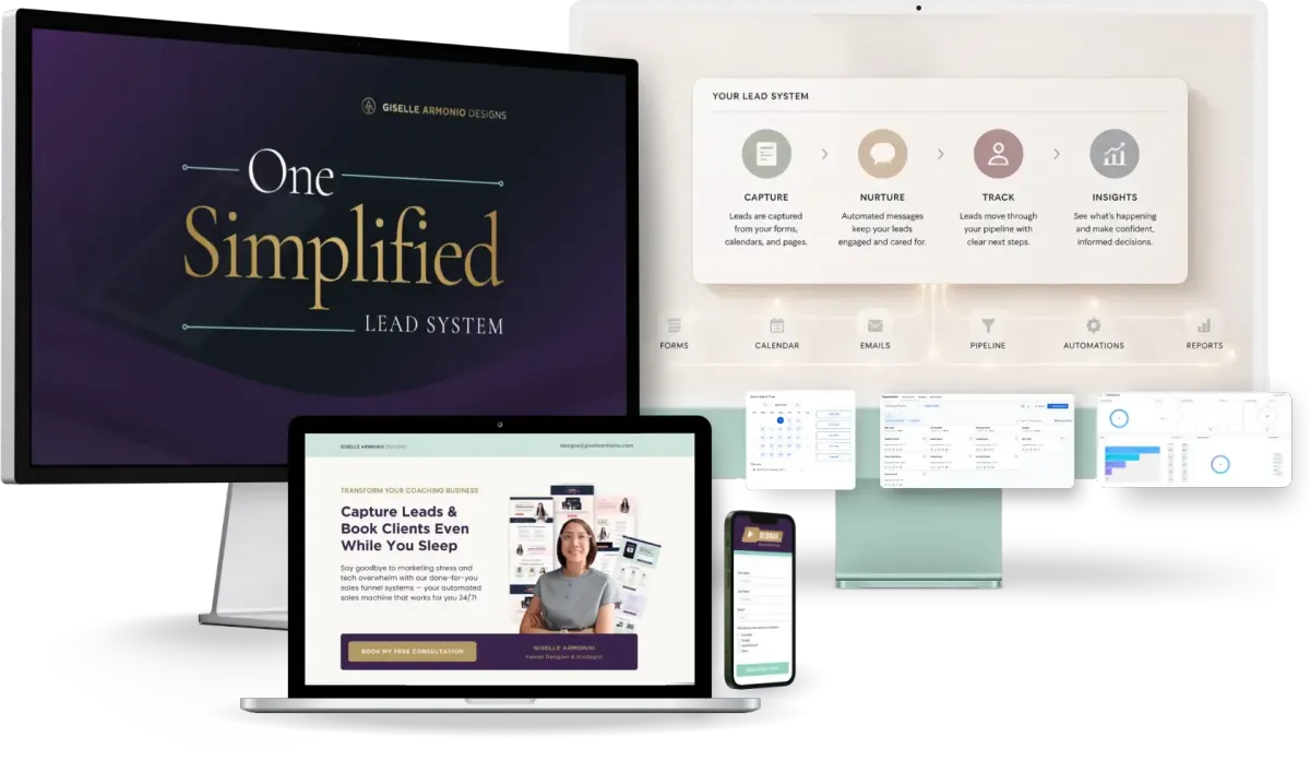 One Simplified Lead System mockup showing a lead-to-booking funnel, CRM pipeline, automation workflows, scheduling, and reporting dashboard.