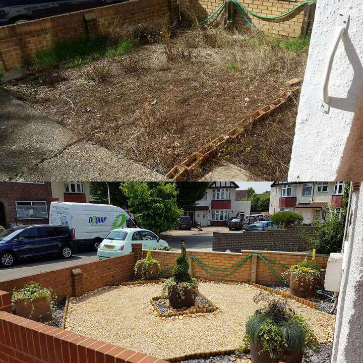 Wooden pergola over freshly laid decking outside rendered home in Ruislip