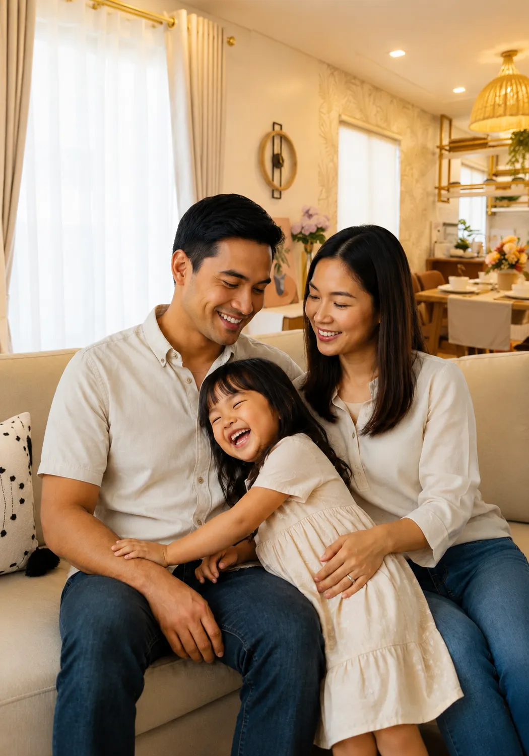 A smiling family of three sitting together on a light-colored sofa in a modern, brightly lit living room.