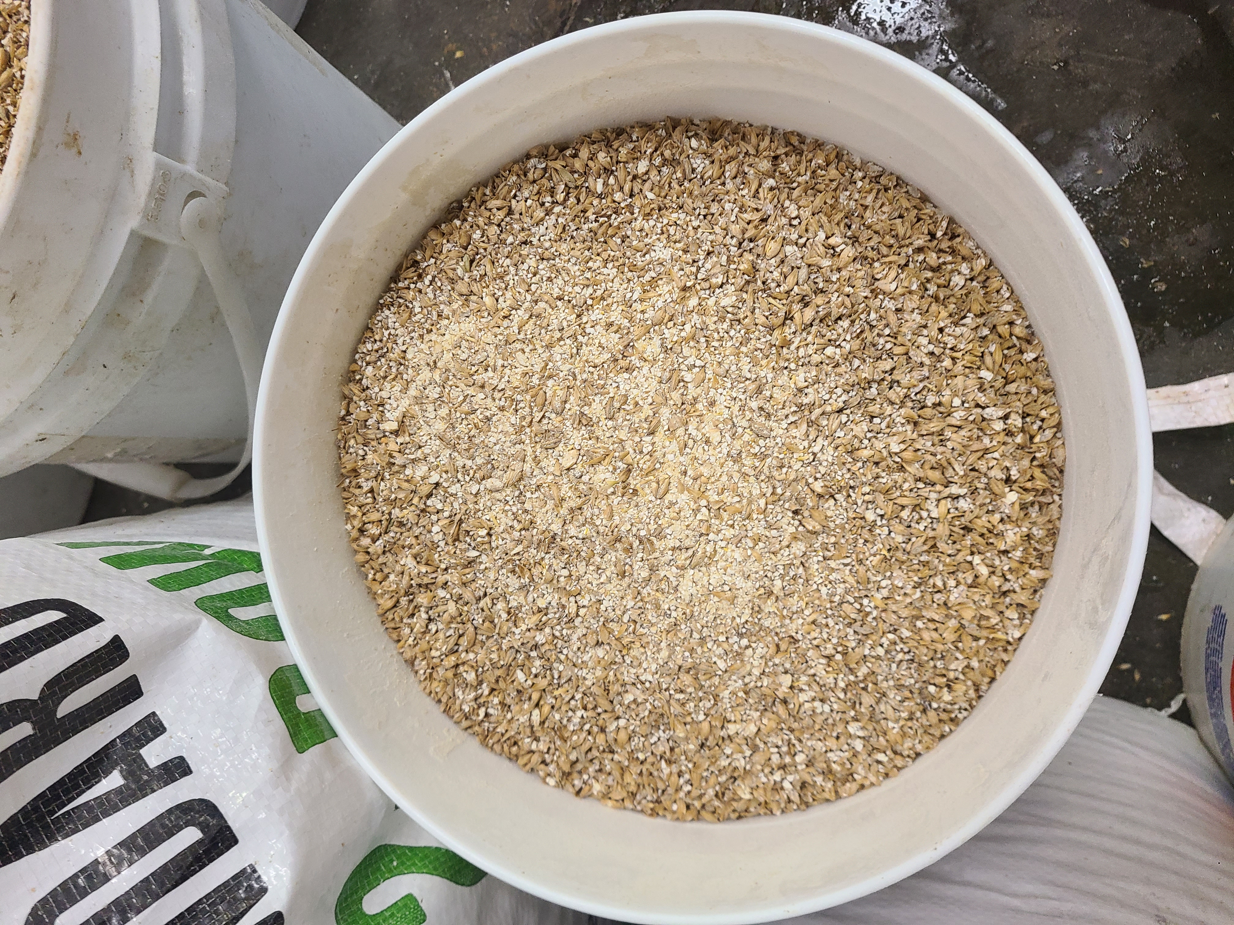 Grain sacks stacked next to brewing tanks at 2nd Wind Brewery in Sylvan Lake