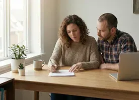 A couple collaborating on a project at home, sitting at a wooden table with a laptop
