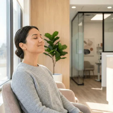 A patient relaxing before an eye exam in Sherwood Park.