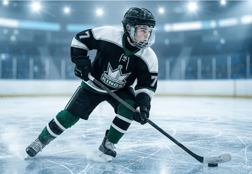 A dramatic action shot of a young male hockey player wearing a black and green Sherwood Park Kings jersey, skating aggressively with the puck in a brightly lit arena. He is wearing a helmet with a clear full-face shield, highlighting sports safety and clear vision on the ice.