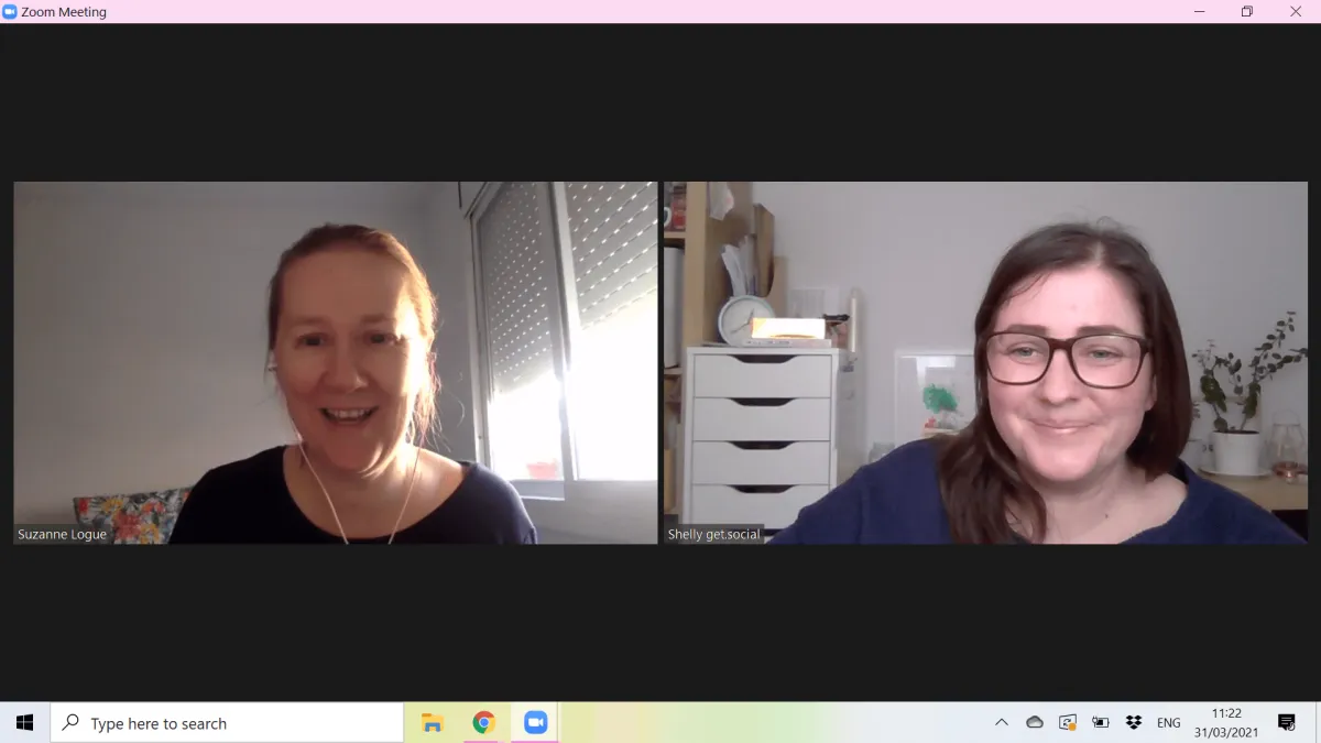 A screenshot of a Zoom call between Shelly Terry, founder of Sheldon Social, and a mentee — reflecting Sheldon Social's strategic content consultancy and one-to-one mentoring work supporting founders and business owners with content strategy and brand visibility.