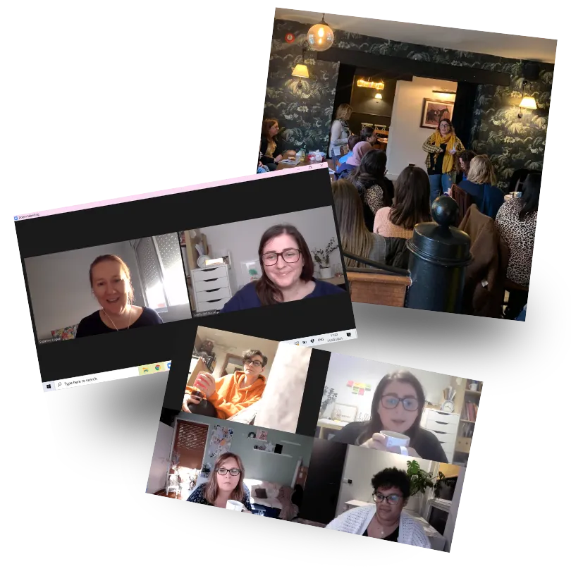 A collage of two Sheldon Social community and training scenes — an in-person workshop with a group of women gathered in a cosy venue, and an online group session shown across two video call screenshots — reflecting Sheldon Social's approach to founder-led content strategy, community, and sustainable visibility work.