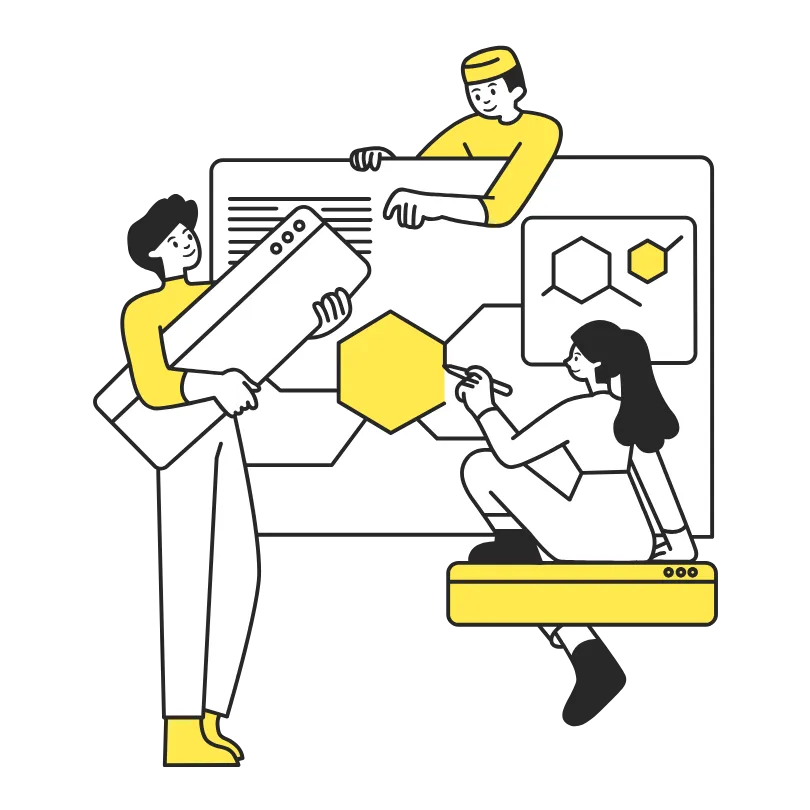 Black white and yellow illustration of three people working at a board