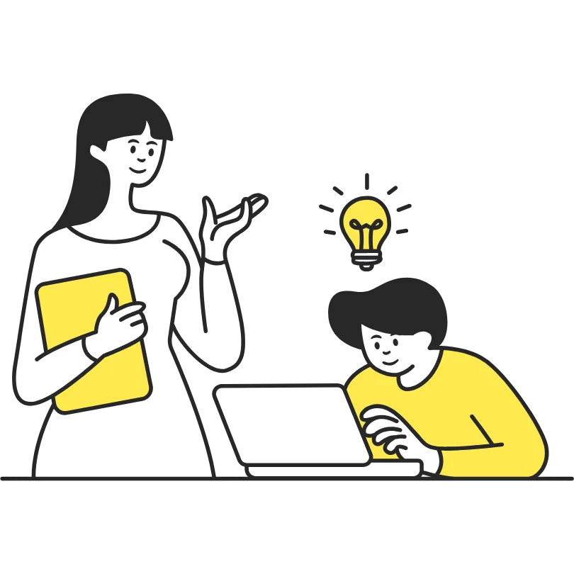 Black white and yellow illustration of two people working at a laptop