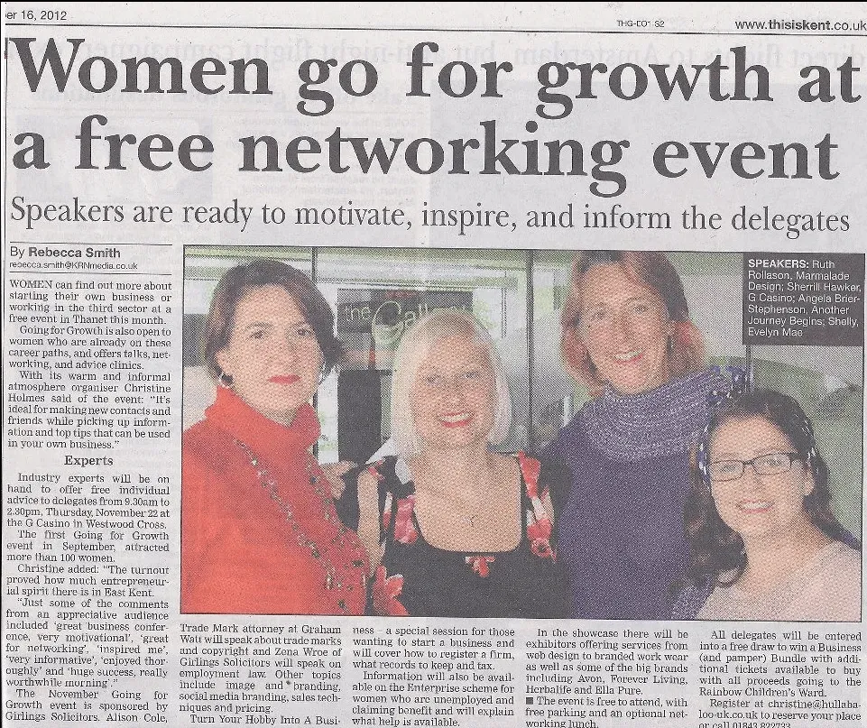 A scanned newspaper article from thisiskent.A scanned newspaper article from thisiskent.co.uk featuring Shelly Terry as a speaker at a Women Go for Growth free networking event in 2012 — an early example of Shelly's thought leadership and public speaking work in social media and business strategy.