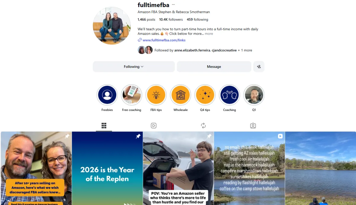 A screenshot of the fulltimefba Instagram profile managed by Stephen and Rebecca Smotherman — a Sheldon Social client example showing a well-structured Instagram presence with consistent content, organised highlights, and an engaged following of over 10,000 followers.
