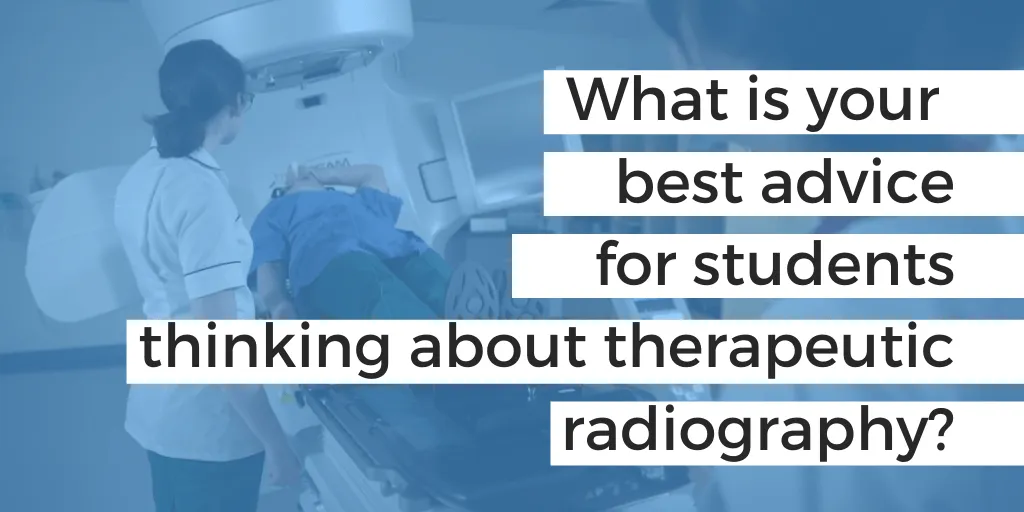 A Sheldon Social client social media graphic asking students for their best advice on pursuing a career in therapeutic radiography, overlaid on a blue-tinted hospital image — an example of strategic content and community engagement work delivered by Sheldon Social.
