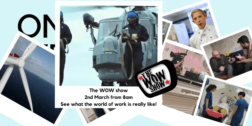 A Sheldon Social client social media graphic promoting The WOW Show, a careers and world of work event featuring imagery from industries including the Royal Navy, wind energy, healthcare, and film production — an example of strategic public-facing content created for a purpose-driven organisation.