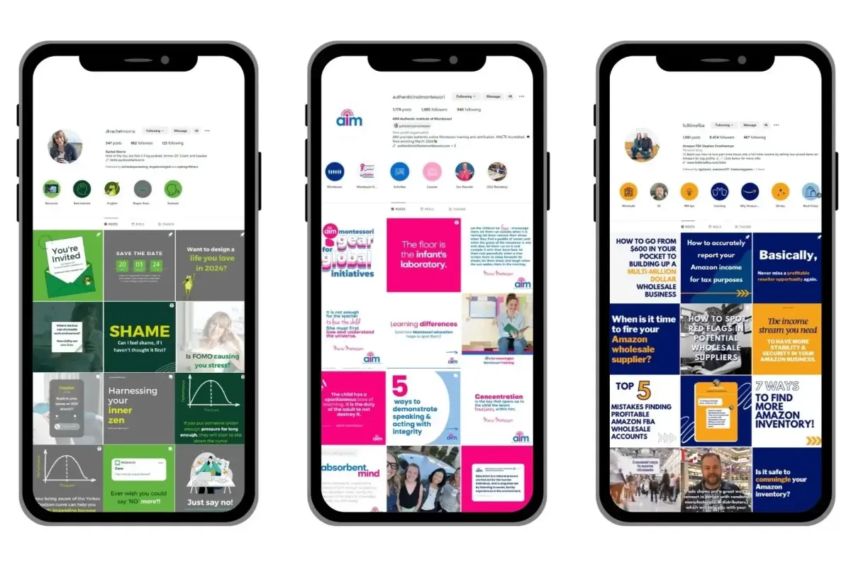 Three mobile phone mockups showing the Instagram profiles of Sheldon Social clients — a life coach, a Montessori education organisation, and an Amazon FBA business — demonstrating Sheldon Social's strategic content creation, consistent brand voice, and founder-led content ecosystem work across a range of industries.