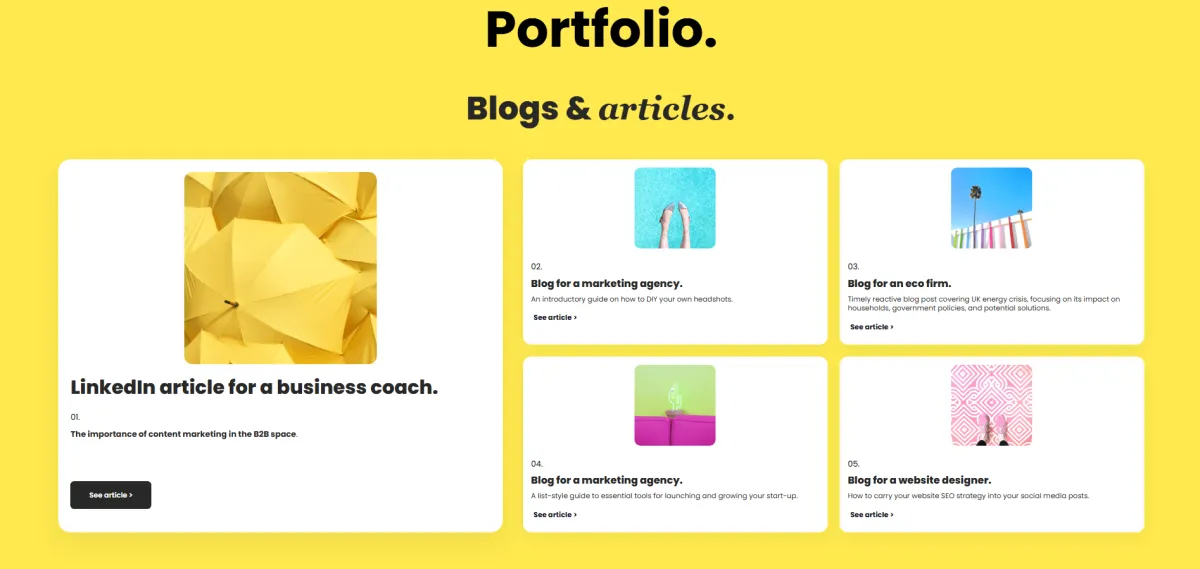 A screenshot of the Sheldon Social portfolio page on a yellow background, showing a grid of five blog and article examples written for clients including a business coach, marketing agencies, an eco firm, and a website designer — demonstrating Sheldon Social's strategic content creation and brand voice work across a range of industries.
