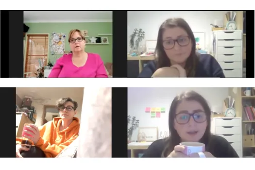 A screenshot of a group Zoom call with four participants including Shelly Terry, founder of Sheldon Social — reflecting Sheldon Social's community and group training work supporting founders and business owners with content strategy and strategic visibility.