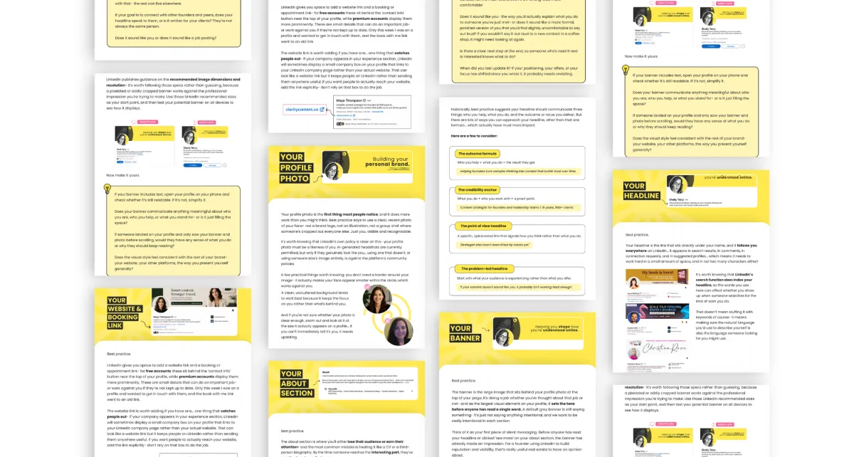 A multi-page overview of the Sheldon Social LinkedIn Profile Audit resource, showing sections covering profile photo, banner, headline, about section, and website link — a strategic content and brand visibility tool created by Shelly Terry to help founders and leaders shape how they're understood online.