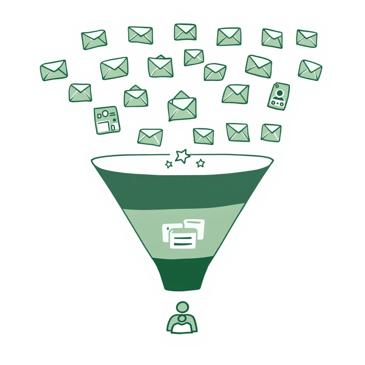 Funnel image, with emails going in at the top, towards a person at the bottom