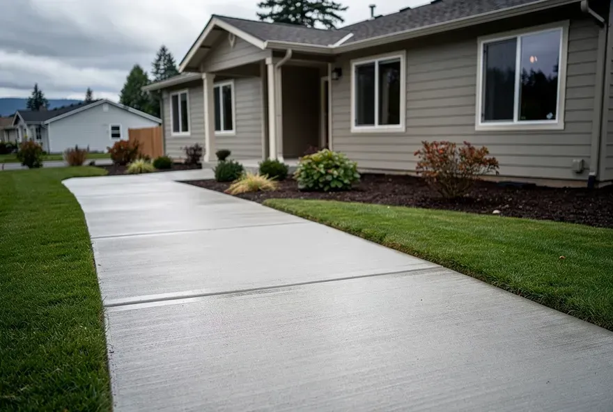 Freshly finished concrete sidewalk along the front of a home on an overcast day in Ashland, Oregon