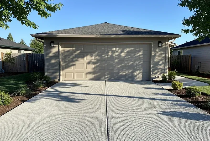 Freshly finished concrete driveway connecting to a garage door on a sunny day in Ashland, Oregon