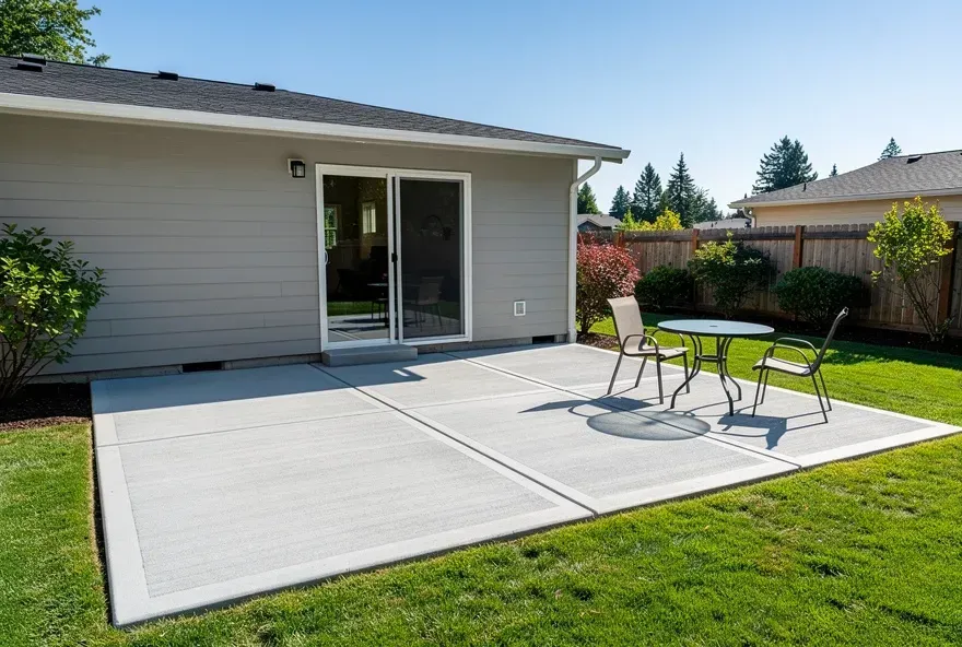 Concrete patio attached to the back of a home with patio furniture in Ashland, Oregon