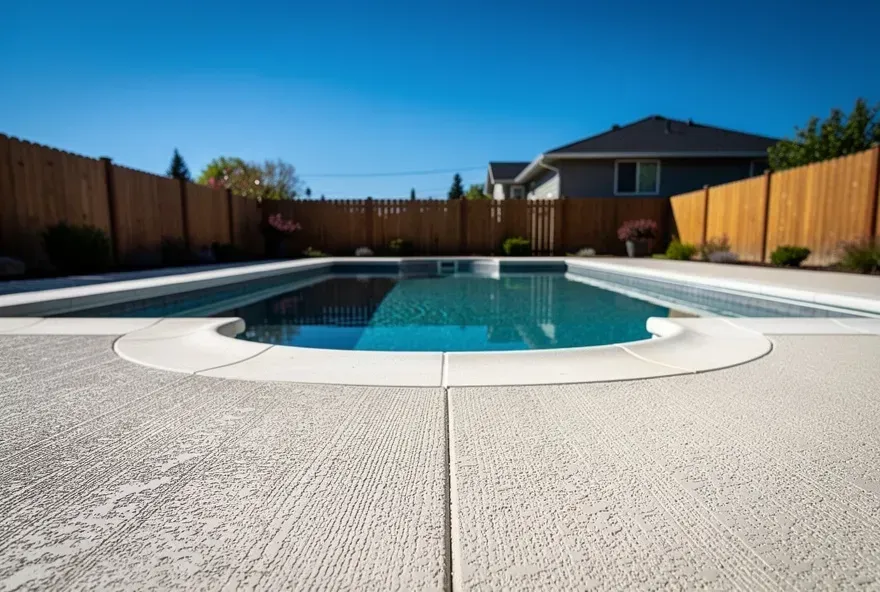 Textured concrete pool deck surrounding a backyard pool on a sunny day in Ashland, Oregon