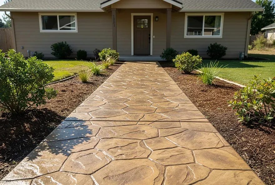 Stamped concrete walkway with stone pattern leading to a home entrance in Ashland, Oregon