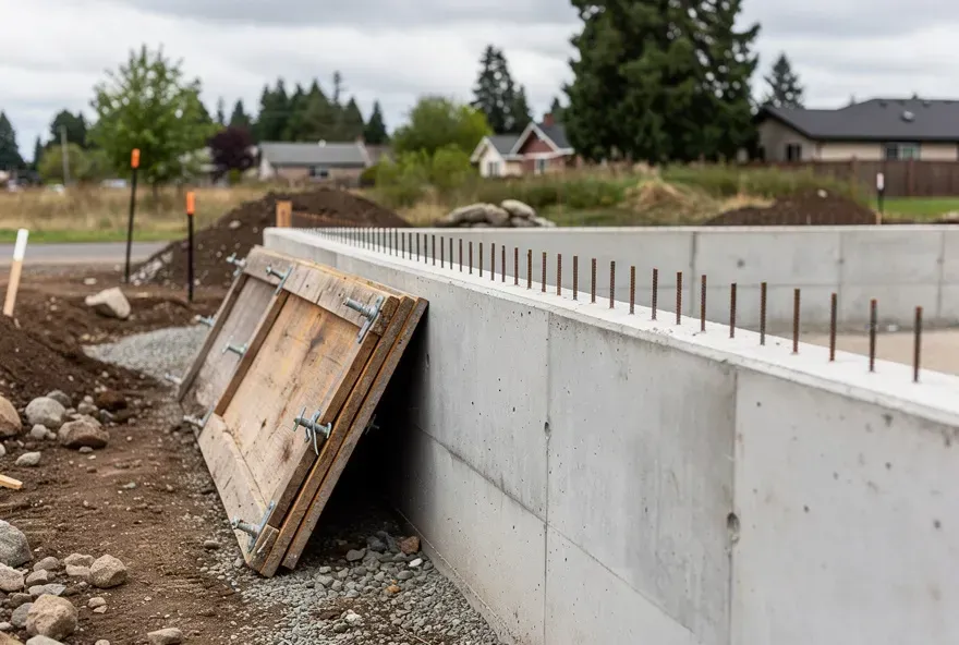 Freshly poured concrete foundation wall at a residential job site in Ashland, Oregon