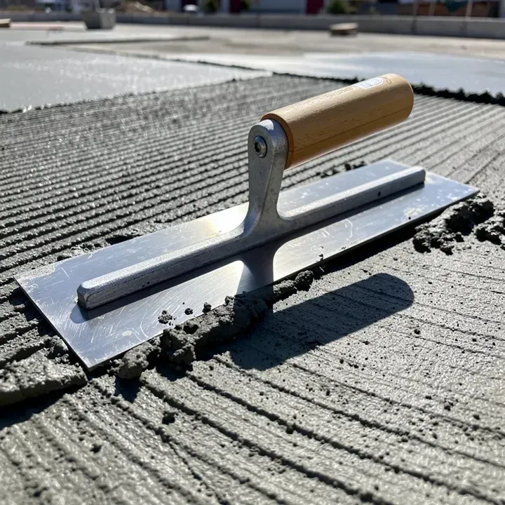 Close-up of a concrete trowel resting on a partially finished surface in the sun