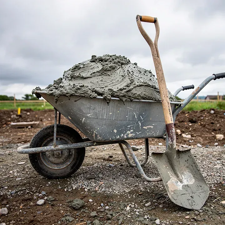 Shovel leaning against a wheelbarrow filled with concrete mix at a job site in Ashland, Oregon