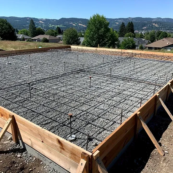 Rebar reinforcement grid laid across a foundation slab before the concrete pour in Ashland, Oregon