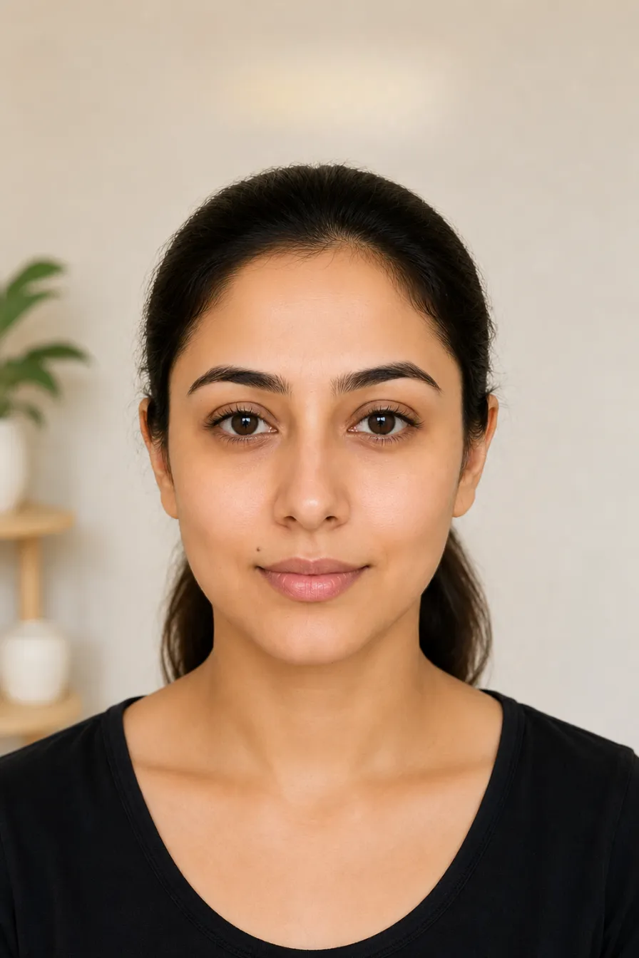 Warm radiant glowing portrait of the same woman smiling after 14 days of face yoga