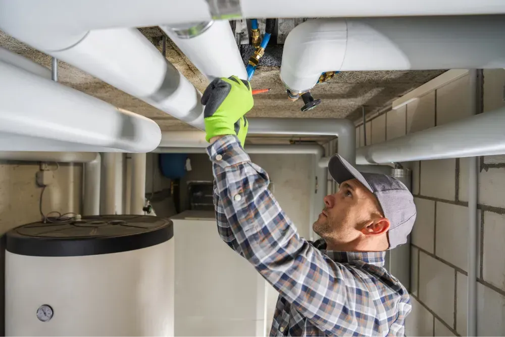 Technician repairing a leaking pipe under a sink
