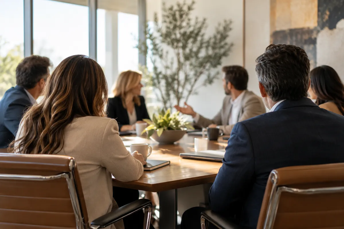 Owners of non-competing Dallas-Fort Worth companies discuss a real decision around a table, showing how a peer board differs from a business mentor or business coach.
