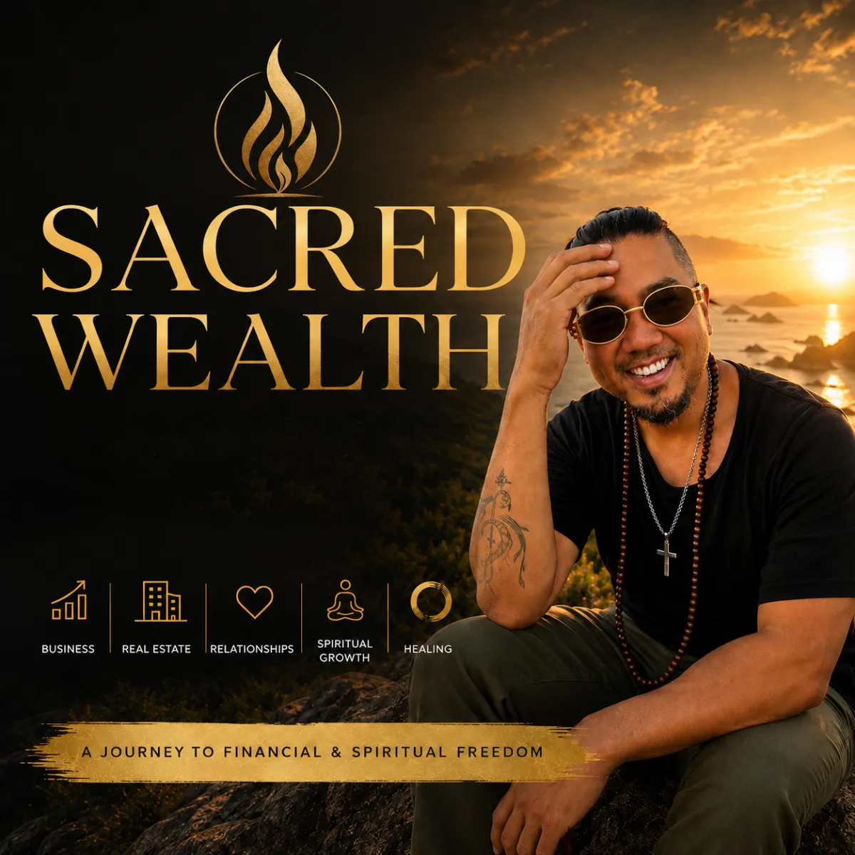 Sacred Wealth gold flame logo on black background