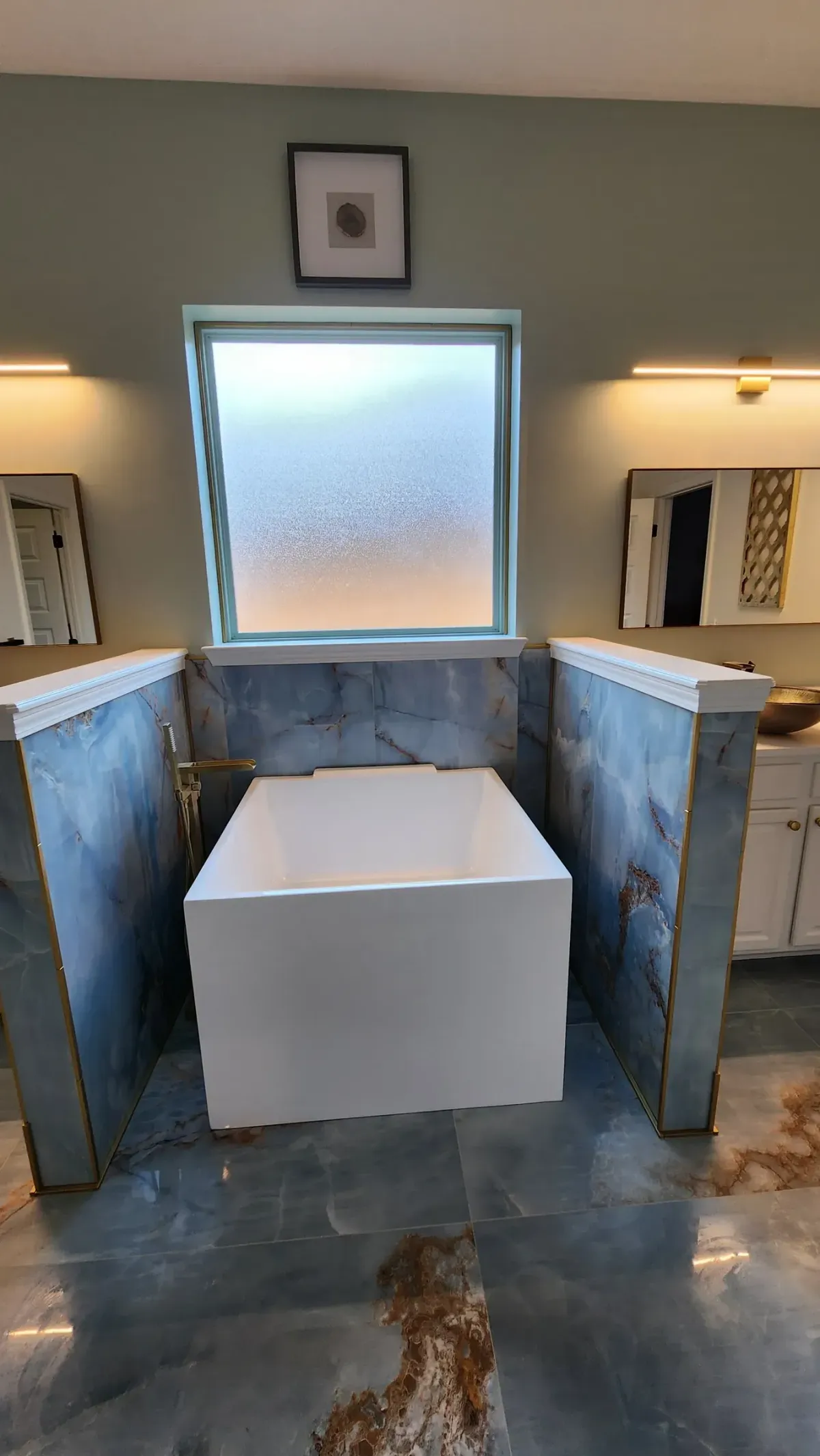 Blue onyx primary bathroom with gold trim, Briarcliff Remodeling