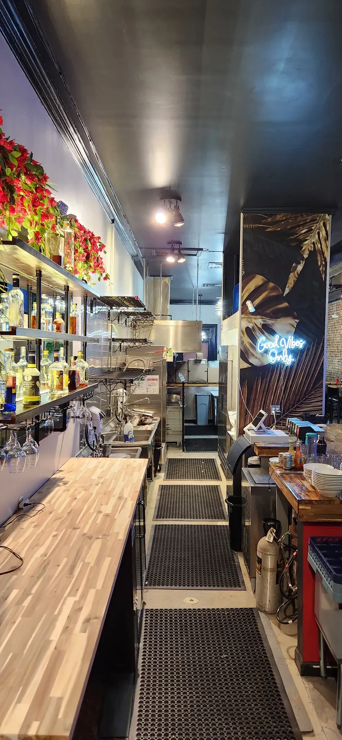 Backbar shelving. Commercial fit-out, built into the brick