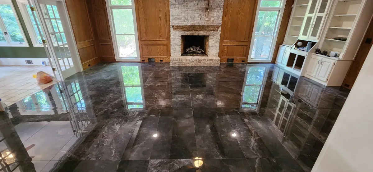 600 square foot great room floor in polished two by four foot slab tile, Dunwoody Georgia