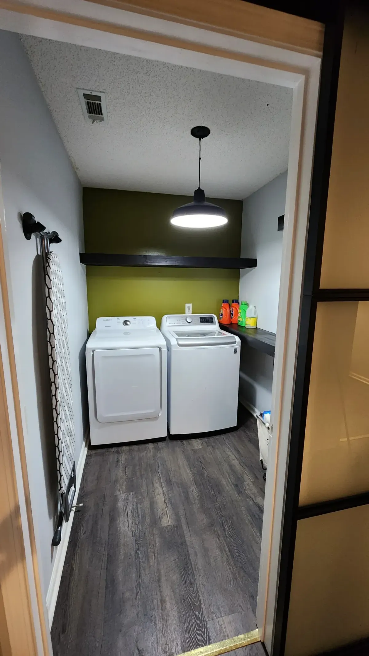 Laundry room shelving. Floating, level, and rated for what actually gets put on them