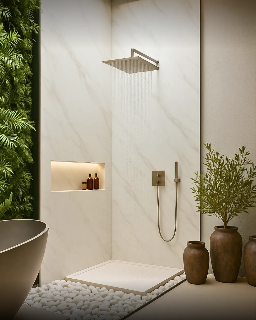 Modern bathroom with wooden vanity and round mirror.