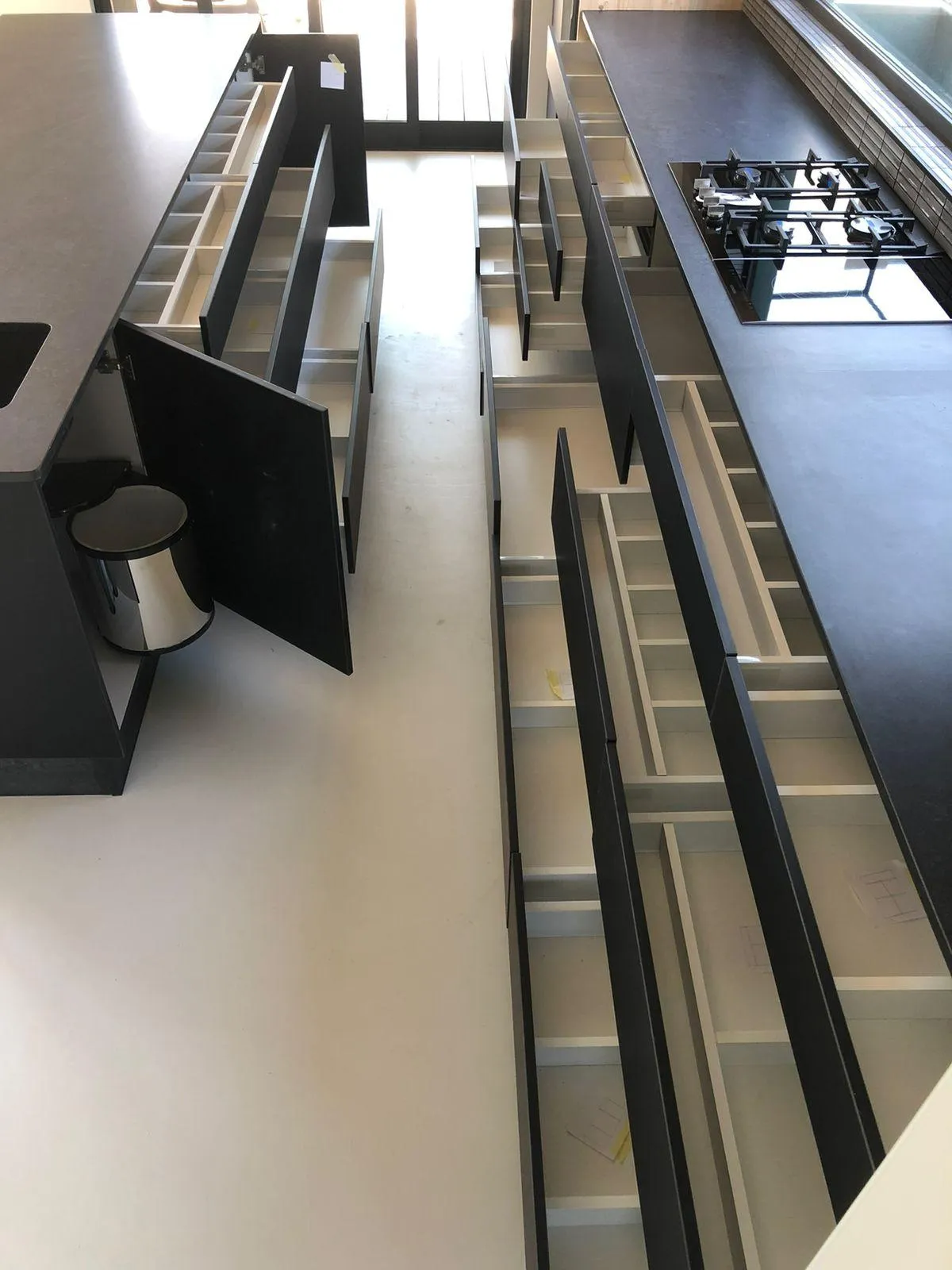Custom countertops with gentle door closing mechanisms.