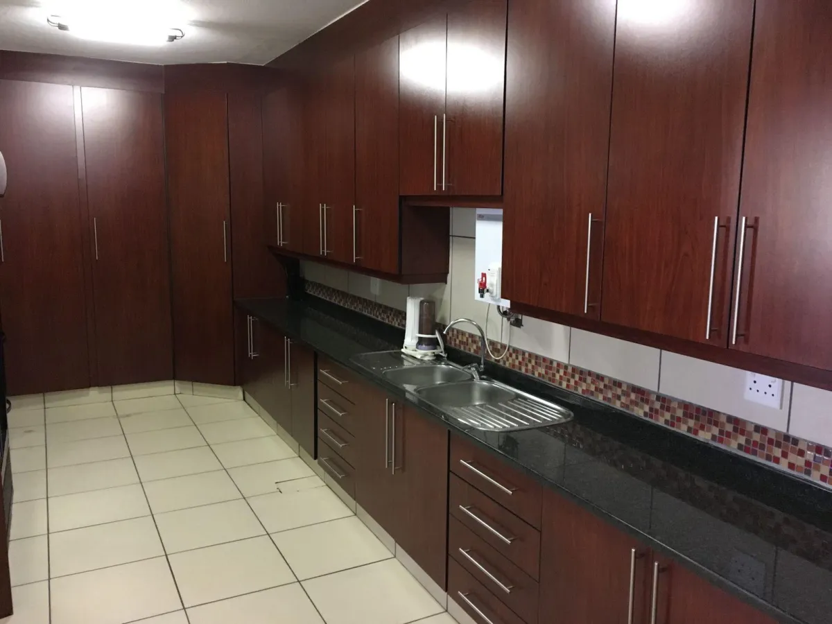 Merune-colored built-in cupboards with sleek, modern design.