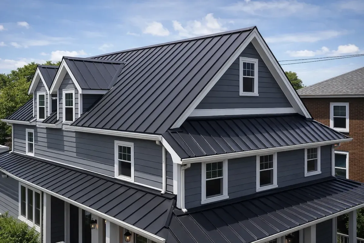 Professional metal roofing installation on a residential home in Lynn MA, featuring durable standing seam panels for long-lasting protection and enhanced curb appeal.
