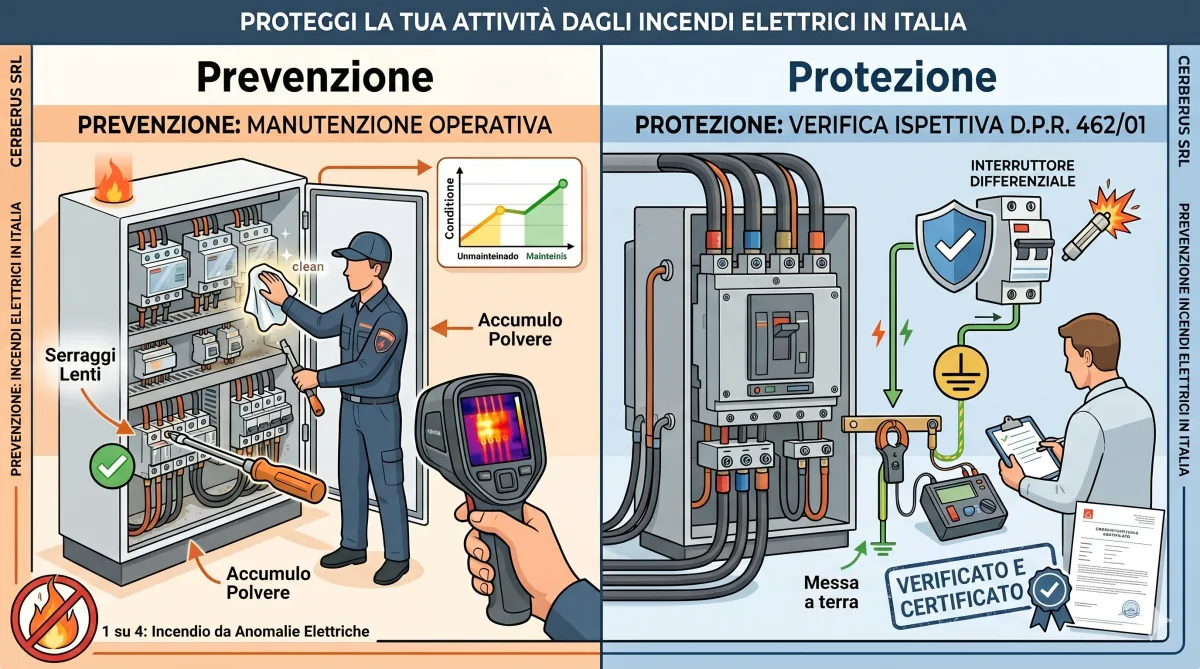 Infografica sulla sicurezza elettrica aziendale divisa in due sezioni: a sinistra la 'Prevenzione' con un tecnico che effettua la pulizia e il controllo termografico di un quadro elettrico per evitare incendi; a destra la 'Protezione' con un ispettore che esegue la verifica periodica D.P.R. 462/01 per certificare il corretto funzionamento dell'impianto di terra e dei differenziali.