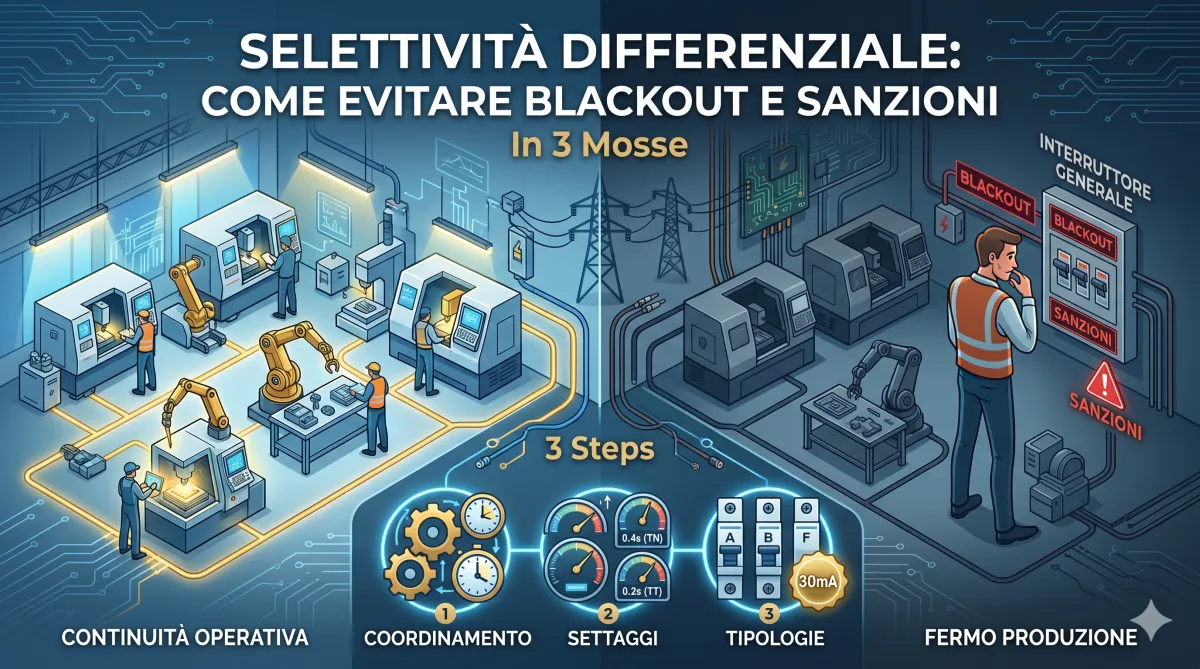 Infografica sulla selettività differenziale negli impianti elettrici industriali. A sinistra, una fabbrica illuminata e attiva ("continuità operativa") grazie al corretto coordinamento e settaggio dei differenziali. A destra, la stessa fabbrica al buio e ferma ("fermo produzione") con un operatore davanti a un interruttore generale scattato che riporta la scritta "sanzioni". Al centro, uno schema in 3 mosse incentrato su coordinamento cronometrico, settaggi secondo norma CEI 64-8 (0,4s TN / 0,2s TT) e tipologie di differenziali (Classe A, B, F, 30mA).