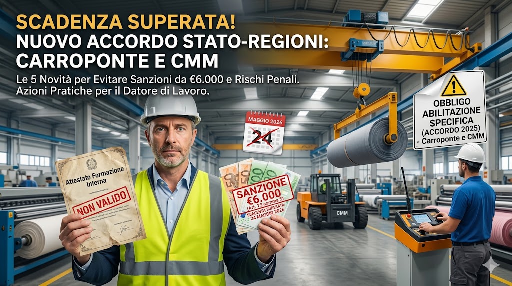 Un'immagine di copertina ambientata in un moderno stabilimento industriale/tessile. In primo piano, un datore di lavoro con elmetto bianco e gilet ad alta visibilità guarda lo spettatore con espressione seria; nella mano destra mostra un vecchio attestato cartaceo con sopra il timbro rosso "NON VALIDO", mentre nella mano sinistra stringe delle banconote con un cartello che indica "SANZIONE €6.000". Sullo sfondo, un grande carroponte giallo solleva un rullo di tessuto, affiancato da un caricatore di materiali (CMM) e da un operatore alla console di comando. In alto compare un calendario con la data sbarrata del 24 Maggio 2026 e i testi in evidenza: "SCADENZA SUPERATA! NUOVO ACCORDO STATO-REGIONI: CARROPONTE E CMM".