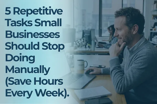 A relaxed small business owner smiling while checking his laptop on an outdoor patio, representing the time freedom, reduced stress, and flexible lifestyle achieved through AI and workflow automation.
