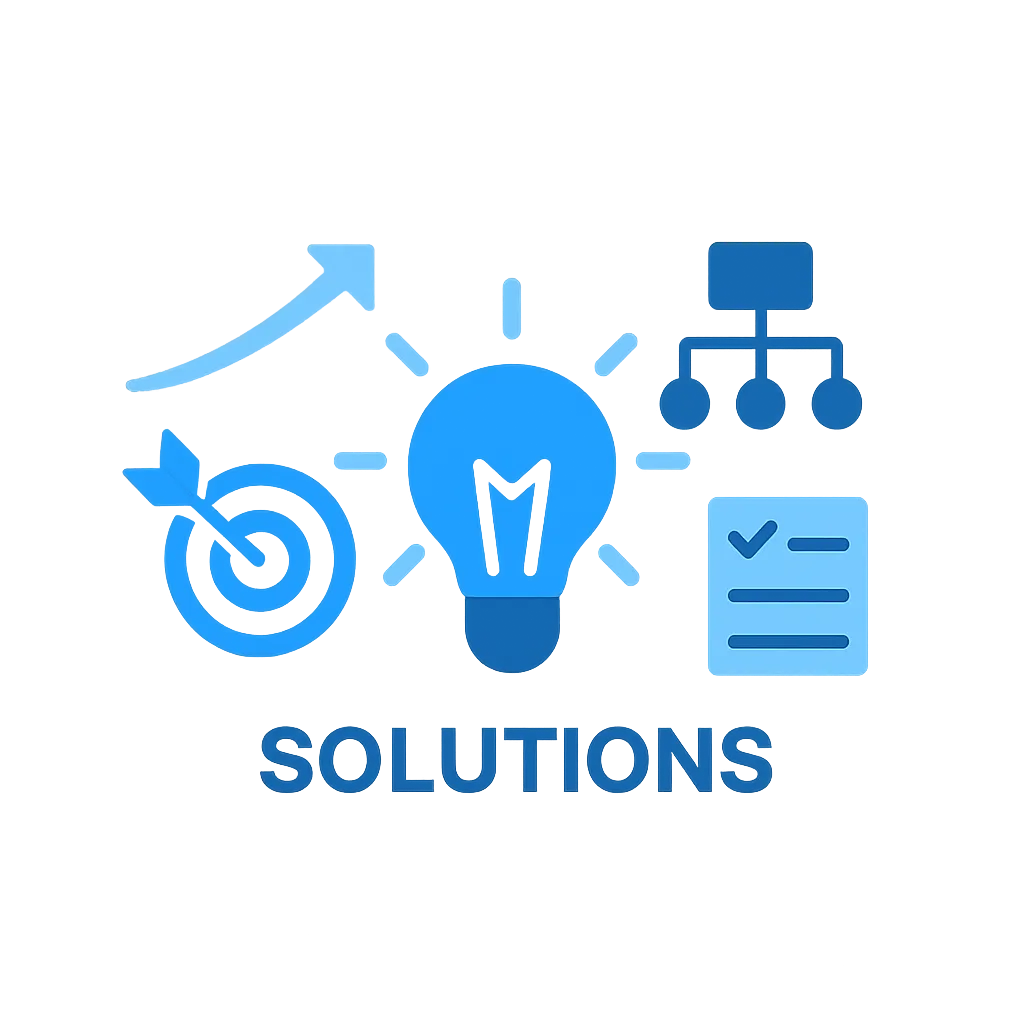 Minimalist Solutions icon with interconnected gears and nodes in blue and gray tones, transparent background.